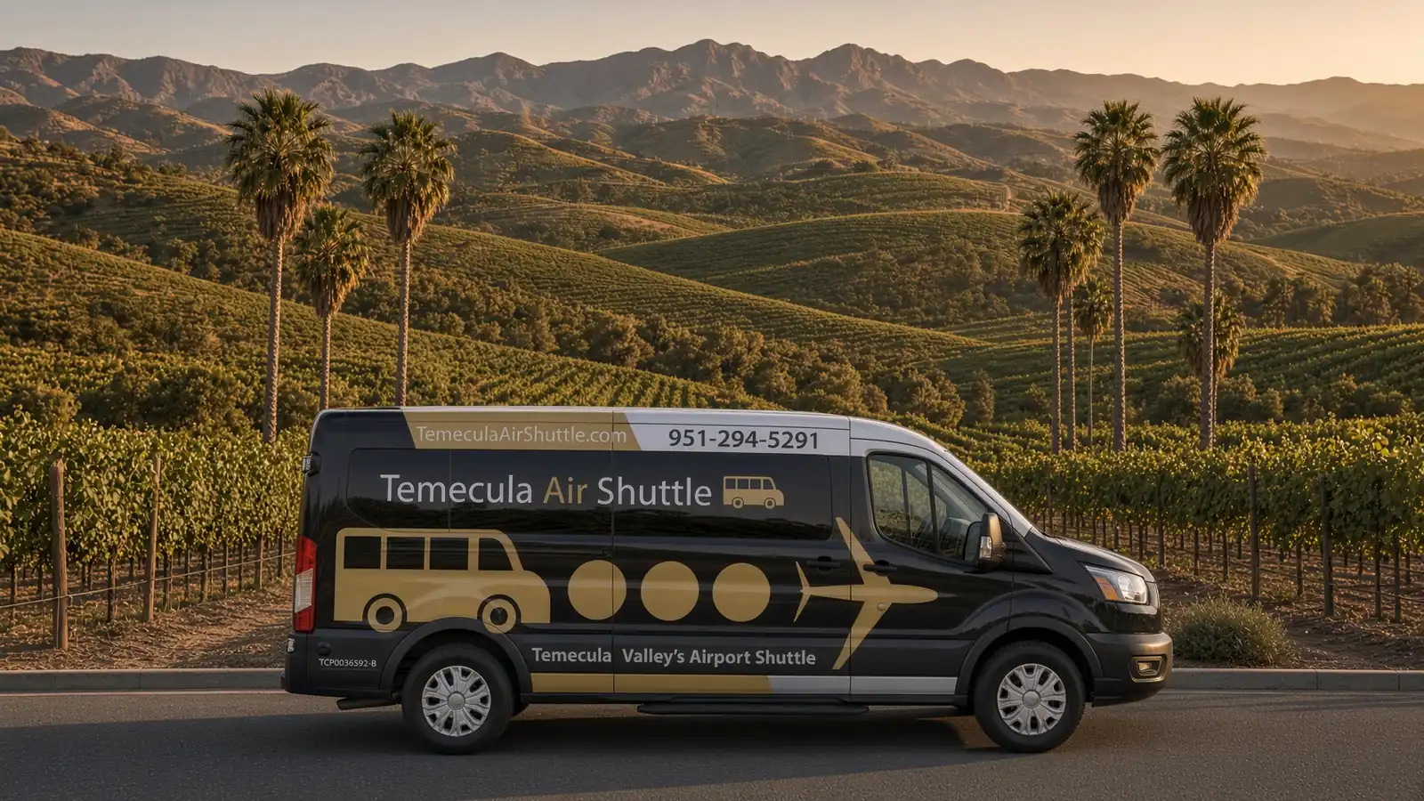 Temecula Air Shuttle van in the vineyards at golden hour
